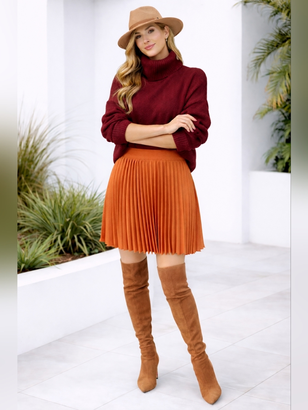 Orange Satin Pleated Mini Skirt